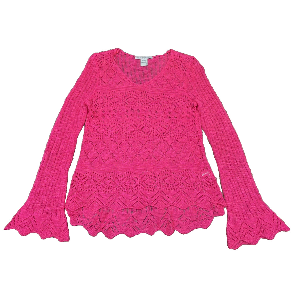 American Rag Cie Pink Crochet Bell Sleeve Sweater Small Boho